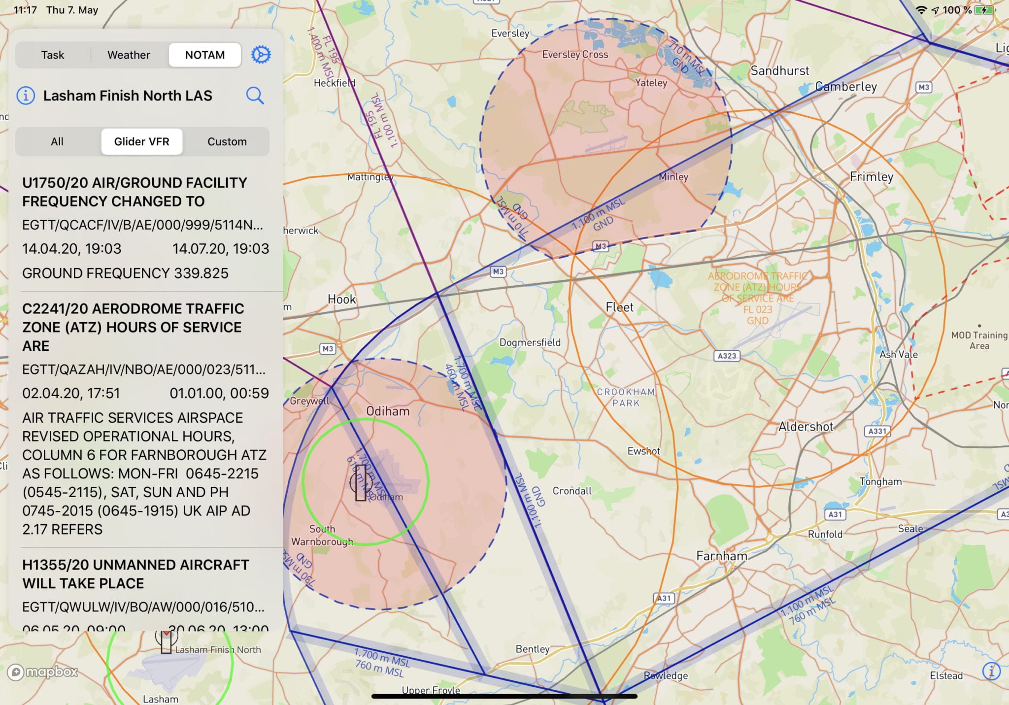 Map showing airspace boundaries and NOTAM information