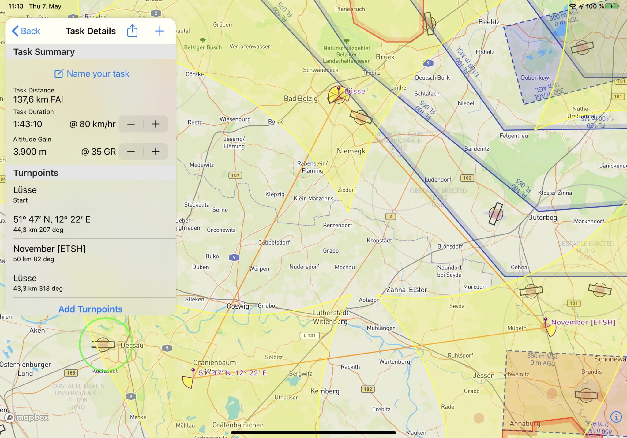 Interactive task planner with waypoints and weather overlays